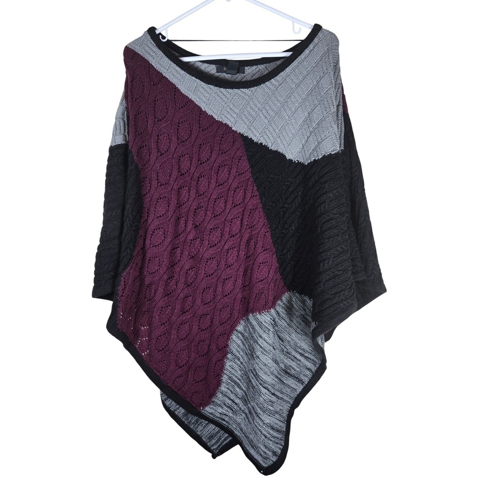Style & Co Woman Colorblock Cable Knit Poncho Burgundy Grey Black 2X/3X